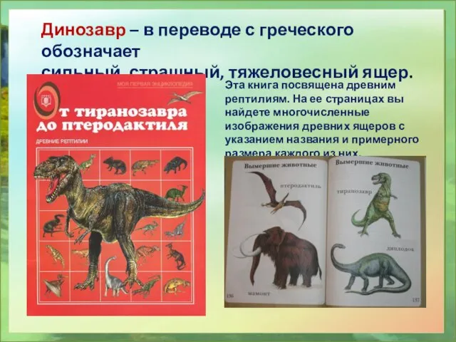 Динозавр – в переводе с греческого обозначает сильный, страшный, тяжеловесный ящер.