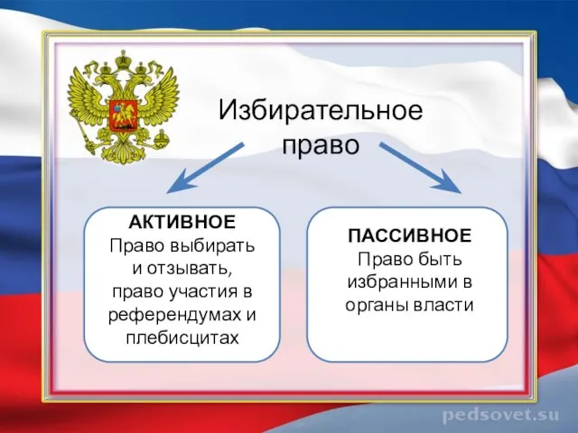 Избирательное право АКТИВНОЕ Право выбирать и отзывать, право участия в референдумах