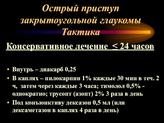 Острый приступ закрытоугольной глаукомы Тактика Консервативное лечение ≤ 24 часов Внутрь