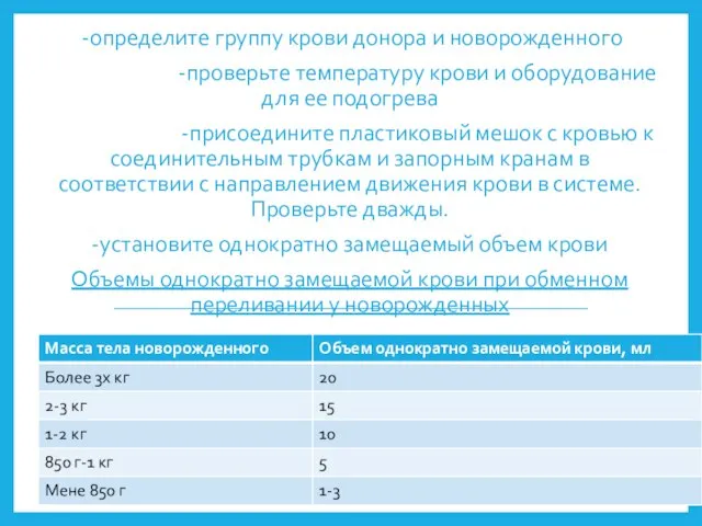 -определите группу крови донора и новорожденного -проверьте температуру крови и оборудование