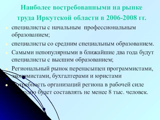 Наиболее востребованными на рынке труда Иркутской области в 2006-2008 гг. специалисты