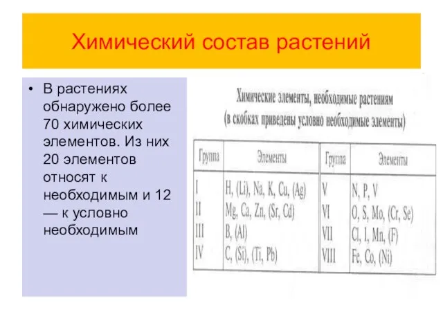 Химический состав растений В растениях обнаружено более 70 химических элементов. Из