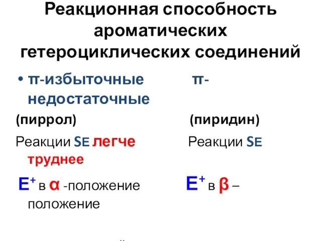 Реакционная способность ароматических гетероциклических соединений π-избыточные π-недостаточные (пиррол) (пиридин) Реакции SЕ