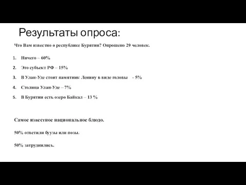 Результаты опроса: Что Вам известно о республике Бурятия? Опрошено 29 человек.