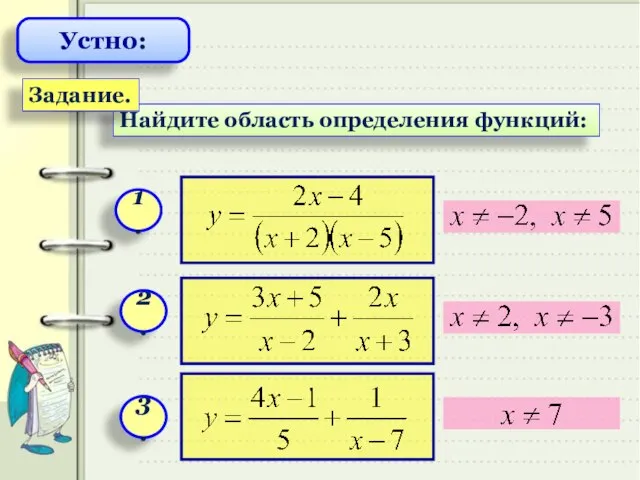 Найдите область определения функций: Задание. 1. 2. 3. Устно: