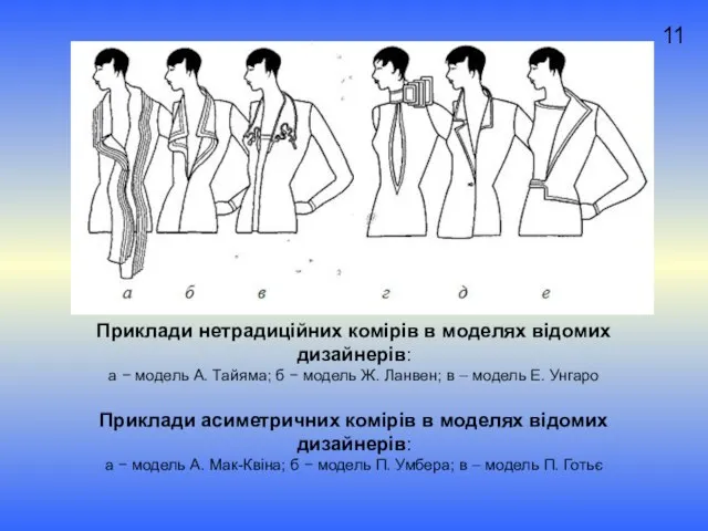 11 Приклади нетрадиційних комірів в моделях відомих дизайнерів: а − модель