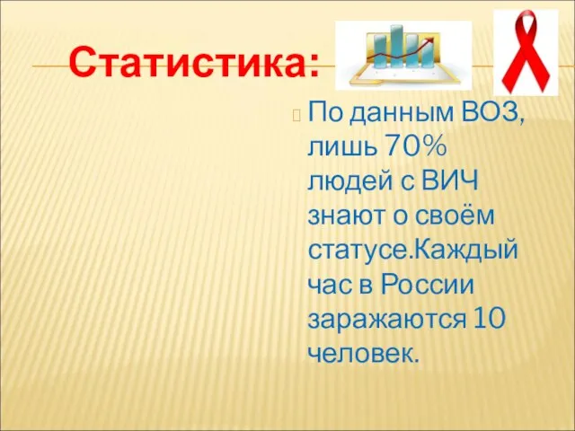 По данным ВОЗ,лишь 70% людей с ВИЧ знают о своём статусе.Каждый