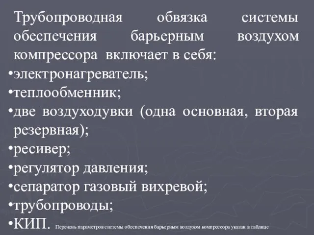 Трубопроводная обвязка системы обеспечения барьерным воздухом компрессора включает в себя: электронагреватель;