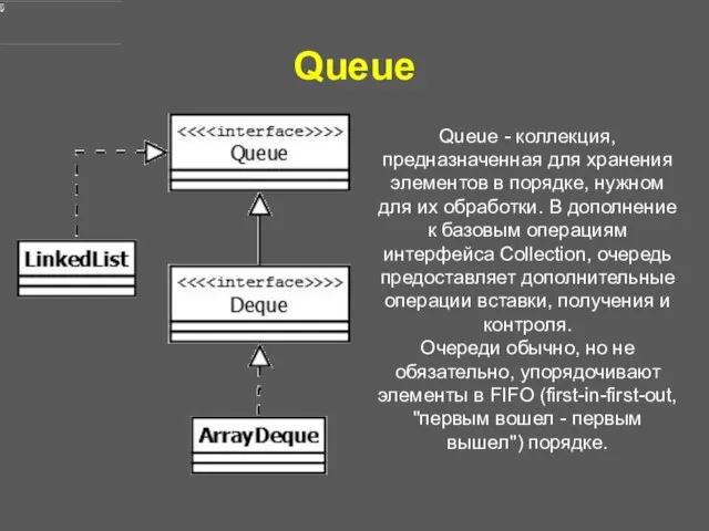 Queue Queue - коллекция, предназначенная для хранения элементов в порядке, нужном