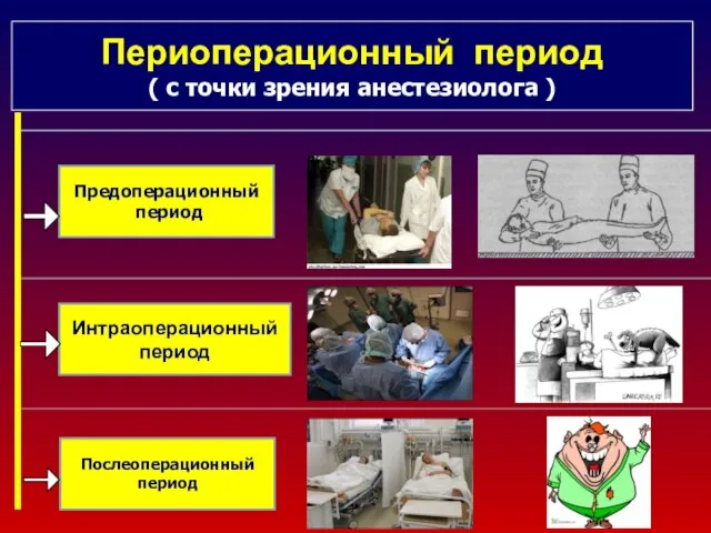 Периоперационный период ( с точки зрения анестезиолога ) Предоперационный период Интраоперационный период Послеоперационный период