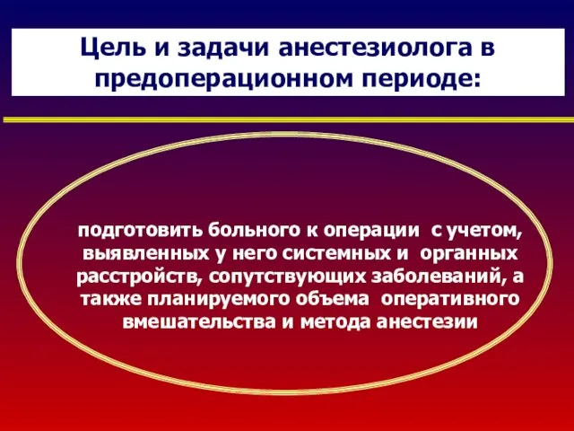 Цель и задачи анестезиолога в предоперационном периоде: подготовить больного к операции