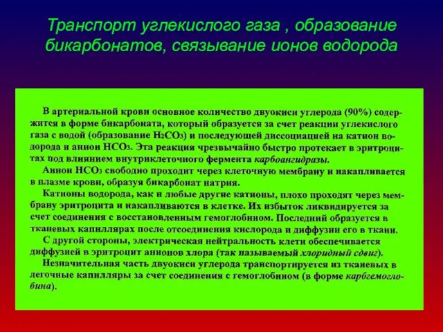 Транспорт углекислого газа , образование бикарбонатов, связывание ионов водорода