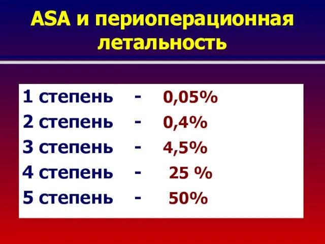 ASA и периоперационная летальность 1 степень - 0,05% 2 степень -