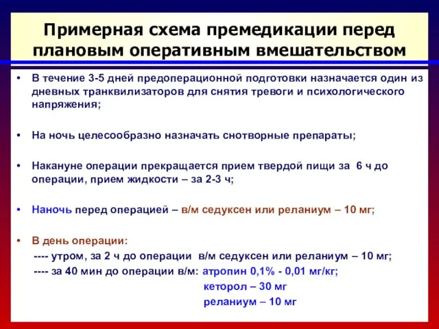 Примерная схема премедикации перед плановым оперативным вмешательством В течение 3-5 дней