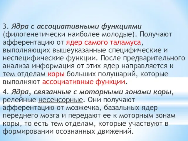 3. Ядра с ассоциативными функциями (филогенетически наиболее молодые). Получают афферентацию от