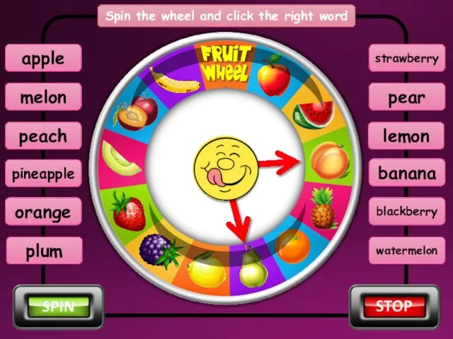 Spin the wheel and click the right word pear melon plum