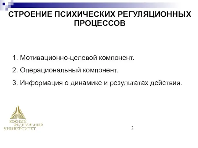 СТРОЕНИЕ ПСИХИЧЕСКИХ РЕГУЛЯЦИОННЫХ ПРОЦЕССОВ 1. Мотивационно-целевой компонент. 2. Операциональный компонент. 3.