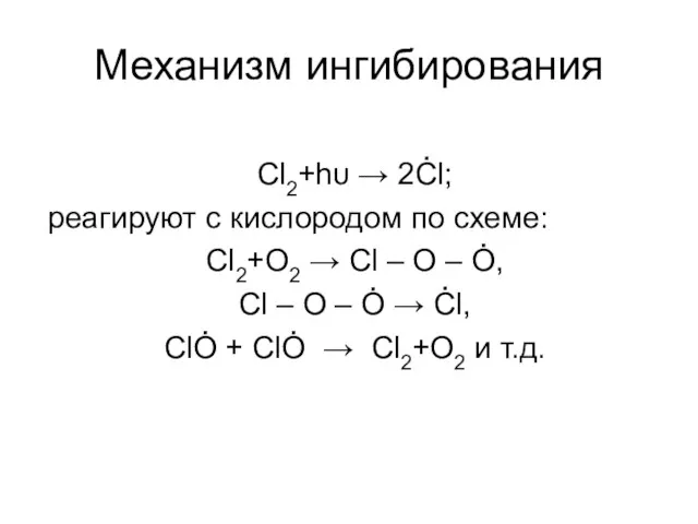 Механизм ингибирования Cl2+hυ → 2Ċl; реагируют с кислородом по схеме: Cl2+О2