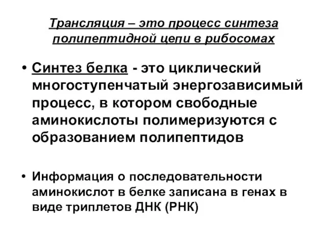 Трансляция – это процесс синтеза полипептидной цепи в рибосомах Синтез белка