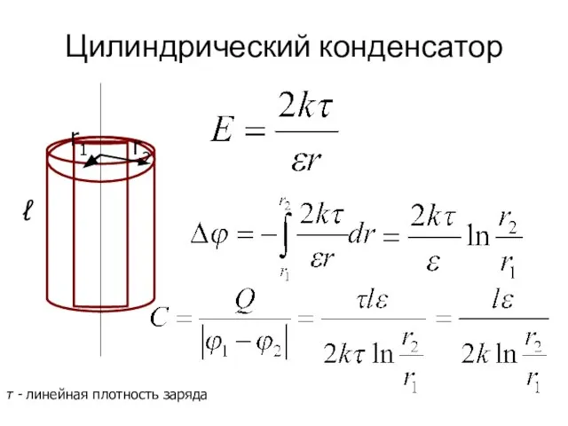 Цилиндрический конденсатор r2 r1 τ - линейная плотность заряда ℓ