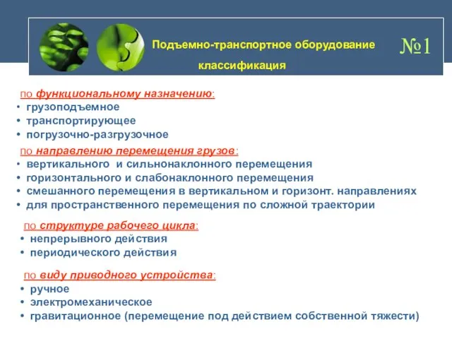 Подъемно-транспортное оборудование №1 классификация по функциональному назначению: грузоподъемное транспортирующее погрузочно-разгрузочное по