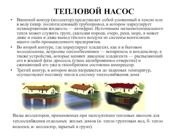 ТЕПЛОВОЙ НАСОС Внешний контур (коллектор) представляет собой уложенный в землю или