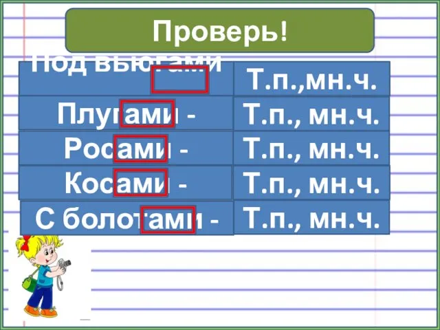 Проверь! Под вьюгами - Т.п.,мн.ч. Плугами - Т.п., мн.ч. Росами -