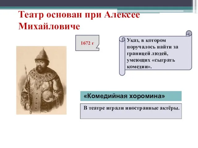 1672 г «Комедийная хоромина» В театре играли иностранные актёры. Указ, в