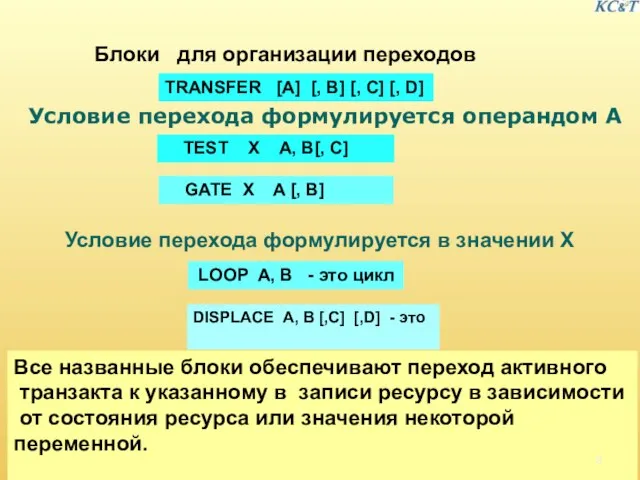 Условие перехода формулируется в значении X Блоки для организации переходов TRANSFER