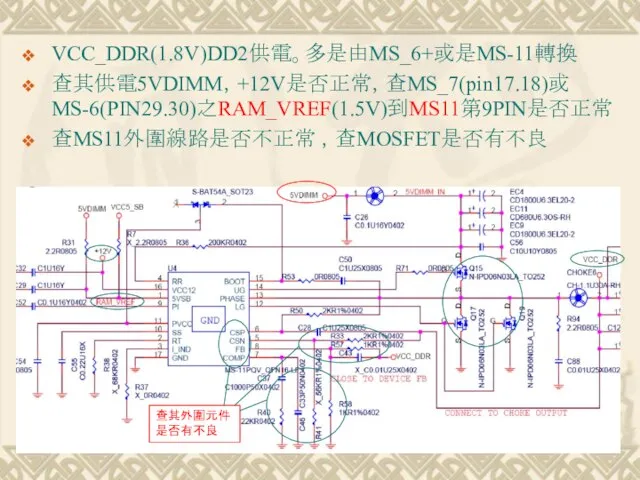 VCC_DDR(1.8V)DD2供電。多是由MS_6+或是MS-11轉換 查其供電5VDIMM，+12V是否正常，查MS_7(pin17.18)或MS-6(PIN29.30)之RAM_VREF(1.5V)到MS11第9PIN是否正常 查MS11外圍線路是否不正常 ，查MOSFET是否有不良 查其外圍元件是否有不良