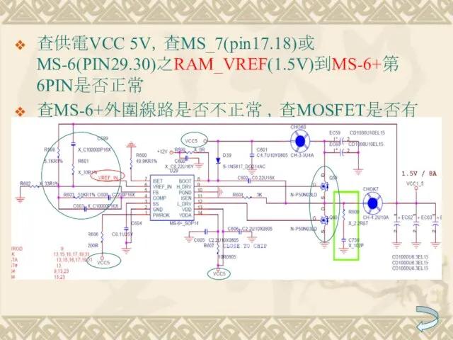 查供電VCC 5V，查MS_7(pin17.18)或MS-6(PIN29.30)之RAM_VREF(1.5V)到MS-6+第6PIN是否正常 查MS-6+外圍線路是否不正常 ，查MOSFET是否有不良