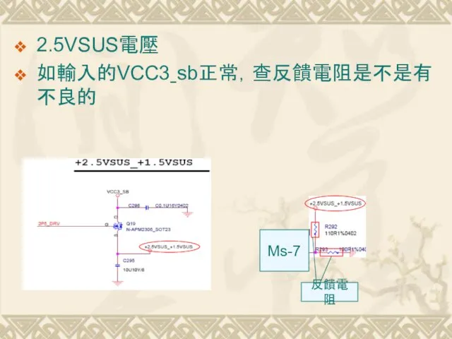2.5VSUS電壓 如輸入的VCC3ˍsb正常，查反饋電阻是不是有不良的 Ms-7 反饋電阻