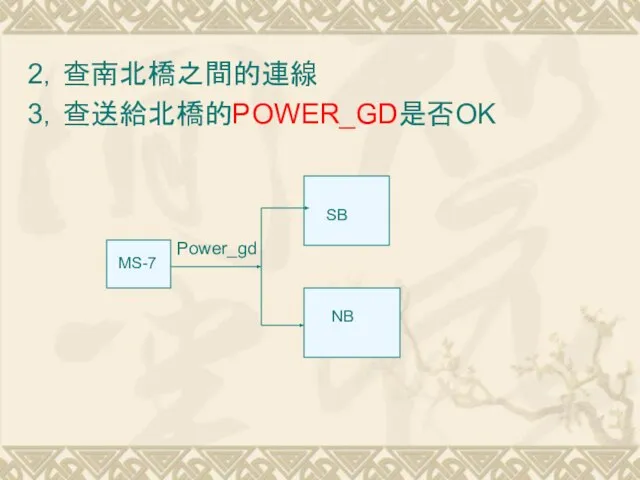 2，查南北橋之間的連線 3，查送給北橋的POWER_GD是否OK MS-7 SB NB Power_gd