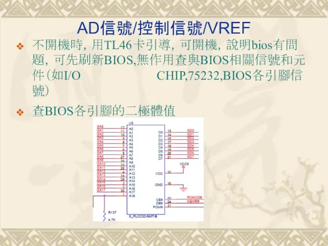 不開機時，用TL46卡引導，可開機，說明bios有問題，可先刷新BIOS,無作用查與BIOS相關信號和元件（如I/O CHIP,75232,BIOS各引腳信號） 查BIOS各引腳的二極體值 AD信號/控制信號/VREF