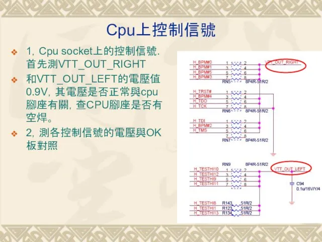 Cpu上控制信號 1，Cpu socket上的控制信號.首先測VTT_OUT_RIGHT 和VTT_OUT_LEFT的電壓值0.9V，其電壓是否正常與cpu 腳座有關，查CPU腳座是否有空焊。 2，測各控制信號的電壓與OK板對照