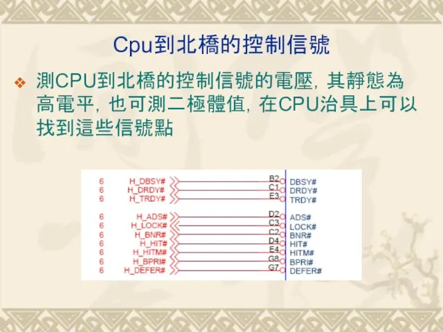 Cpu到北橋的控制信號 測CPU到北橋的控制信號的電壓，其靜態為高電平，也可測二極體值，在CPU治具上可以找到這些信號點