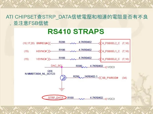 ATI CHIPSET查STRP_DATA信號電壓和相連的電阻是否有不良，並注意FSB信號