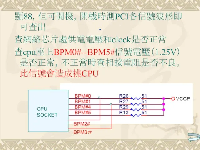 . 顯88，但可開機，開機時測PCI各信號波形即可查出 查網絡芯片處供電電壓和clock是否正常 查cpu座上BPM0#--BPM5#信號電壓（1.25V）是否正常，不正常時查相接電阻是否不良。此信號會造成挑CPU CPU SOCKET BPM2# BPM3＃