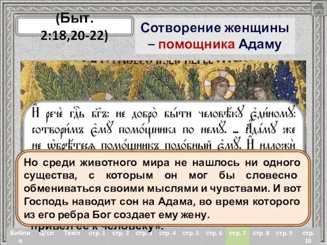 Сотворение женщины – помощника Адаму (Быт. 2:18,20-22) «И сказал Господь Бог: