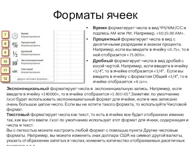 Форматы ячеек Время форматирует числа в вид ЧЧ/MM/СС и подпись AM