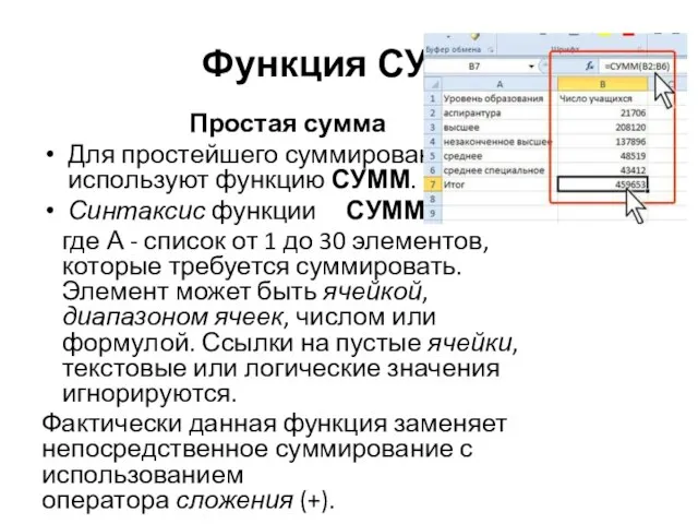 Функция СУММ Простая сумма Для простейшего суммирования используют функцию СУММ. Синтаксис