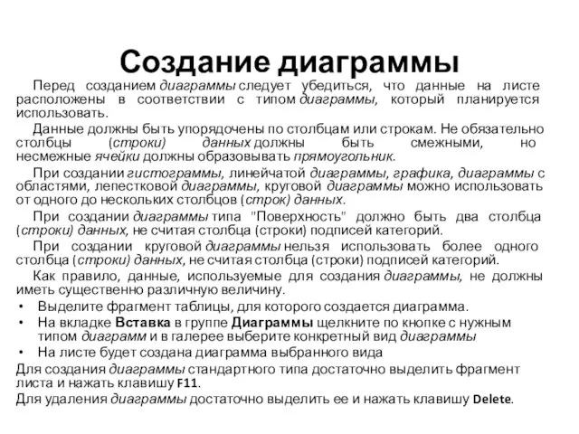 Создание диаграммы Перед созданием диаграммы следует убедиться, что данные на листе