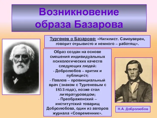 Возникновение образа Базарова Н.А. Добролюбов Тургенев о Базарове: «Нигилист. Самоуверен, говорит