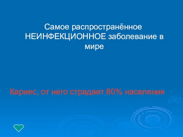 Самое распространённое НЕИНФЕКЦИОННОЕ заболевание в мире Кариес, от него страдает 80% населения