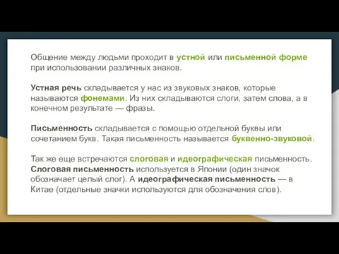 Общение между людьми проходит в устной или письменной форме при использовании