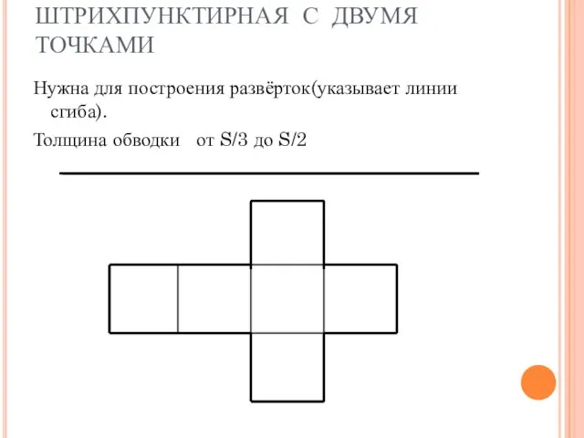 ШТРИХПУНКТИРНАЯ С ДВУМЯ ТОЧКАМИ Нужна для построения развёрток(указывает линии сгиба). Толщина обводки от S/3 до S/2