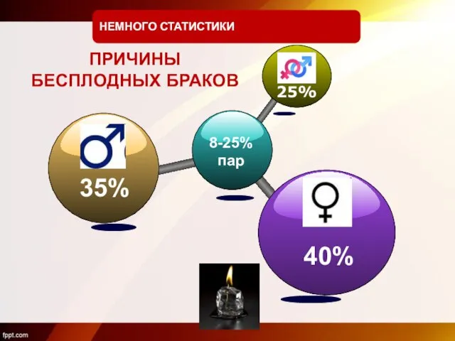 8-25% пар 25% 35% 40% ПРИЧИНЫ БЕСПЛОДНЫХ БРАКОВ НЕМНОГО СТАТИСТИКИ