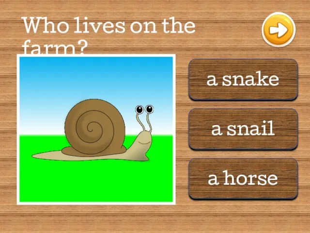 a snake a snail a horse Who lives on the farm?