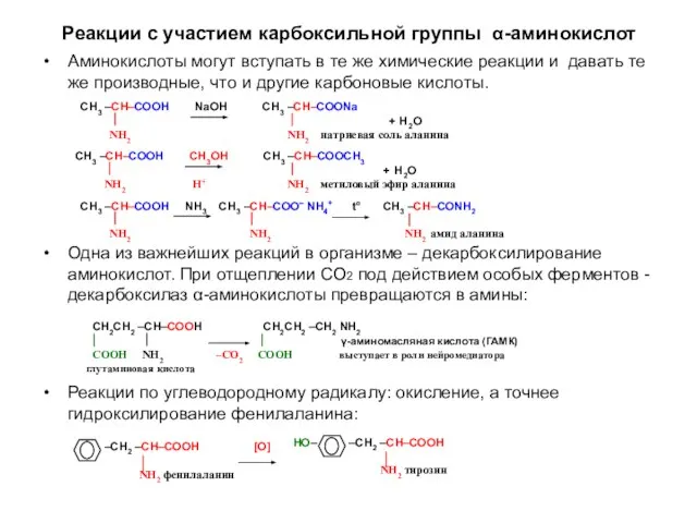 Реакции с участием карбоксильной группы α-аминокислот Аминокислоты могут вступать в те