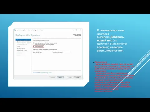 Примечания: - Имя корневого домена леса не может быть однокомпонентным (например,